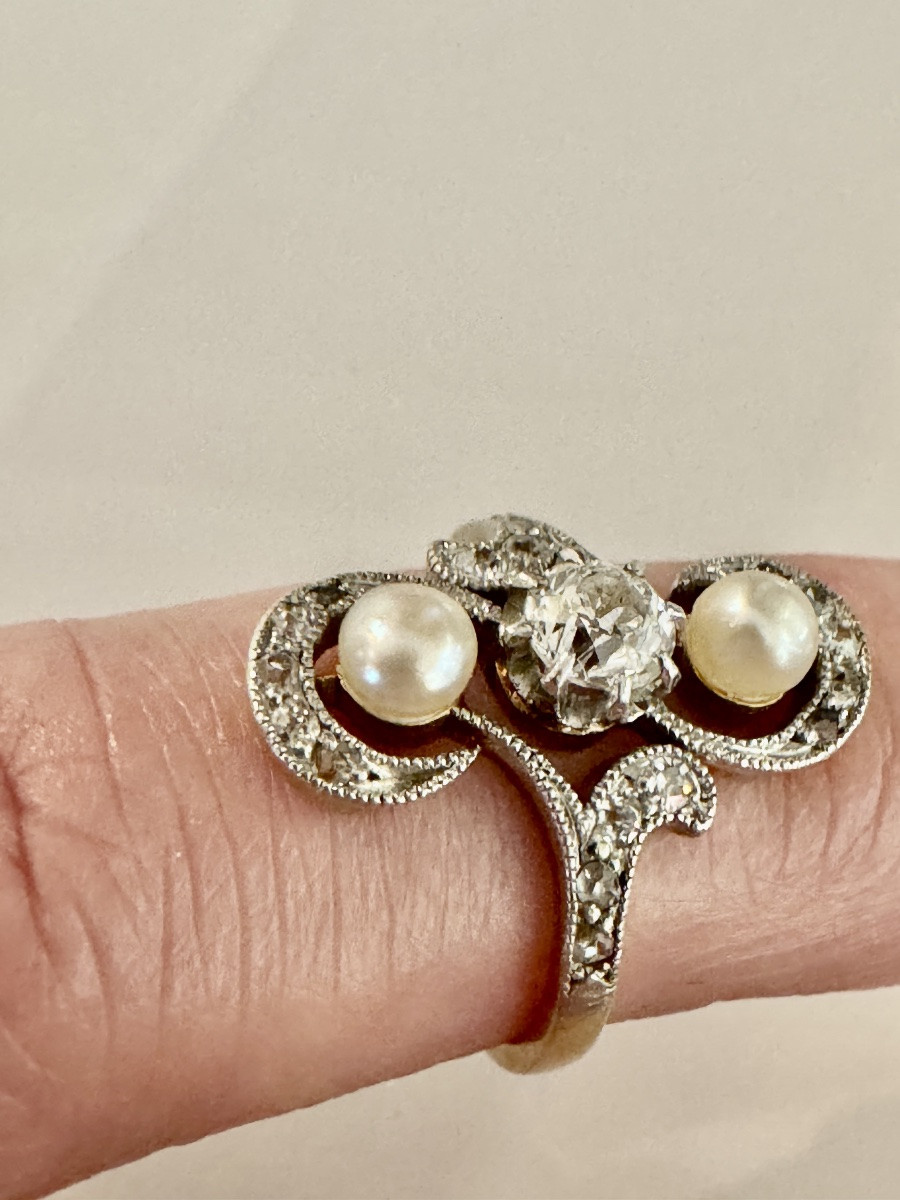 Bague Belle époque en or, platine, diamants et perles fines -photo-2