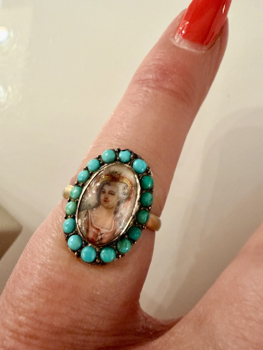 Ancienne bague, or, miniature et turquoises-photo-3