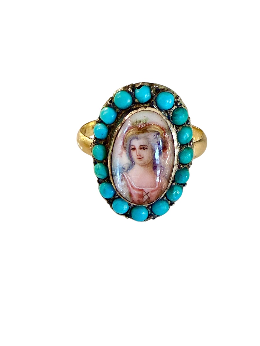 Ancienne bague, or, miniature et turquoises