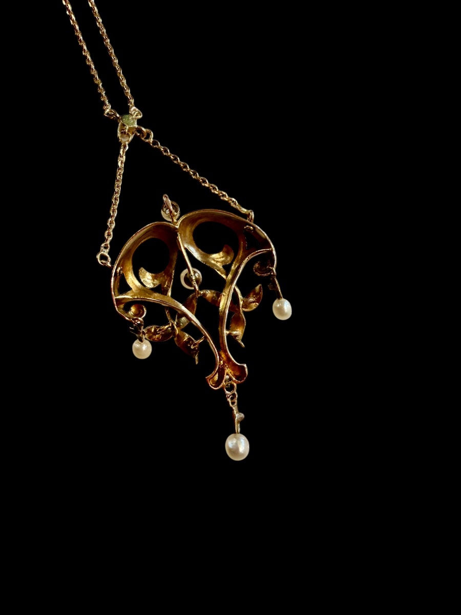 Art Nouveau Pendant Necklace In Gold, Pearls And Diamonds -photo-2