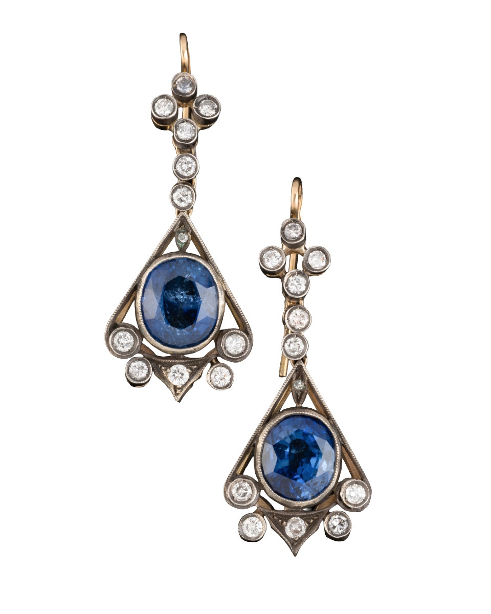 Pair Of Earrings In Gold, Silver, Sapphires And Diamonds 
