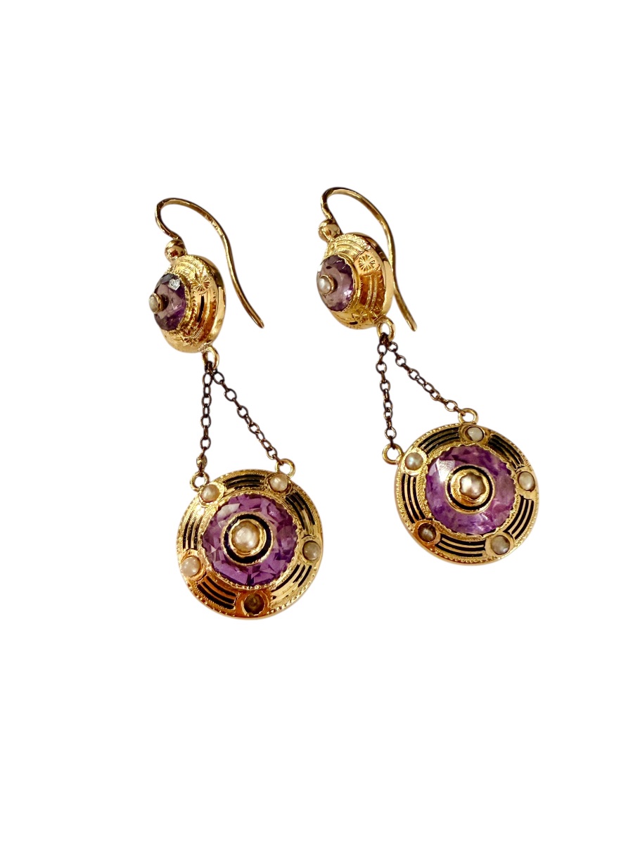 Pair Of Gold, Amethyst And Pearl Drop Earrings-photo-3