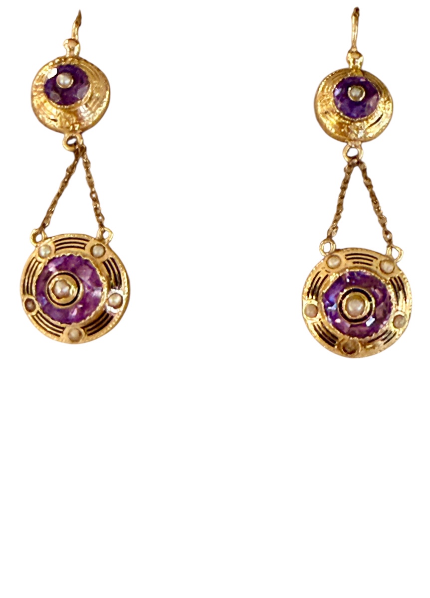 Pair Of Gold, Amethyst And Pearl Drop Earrings