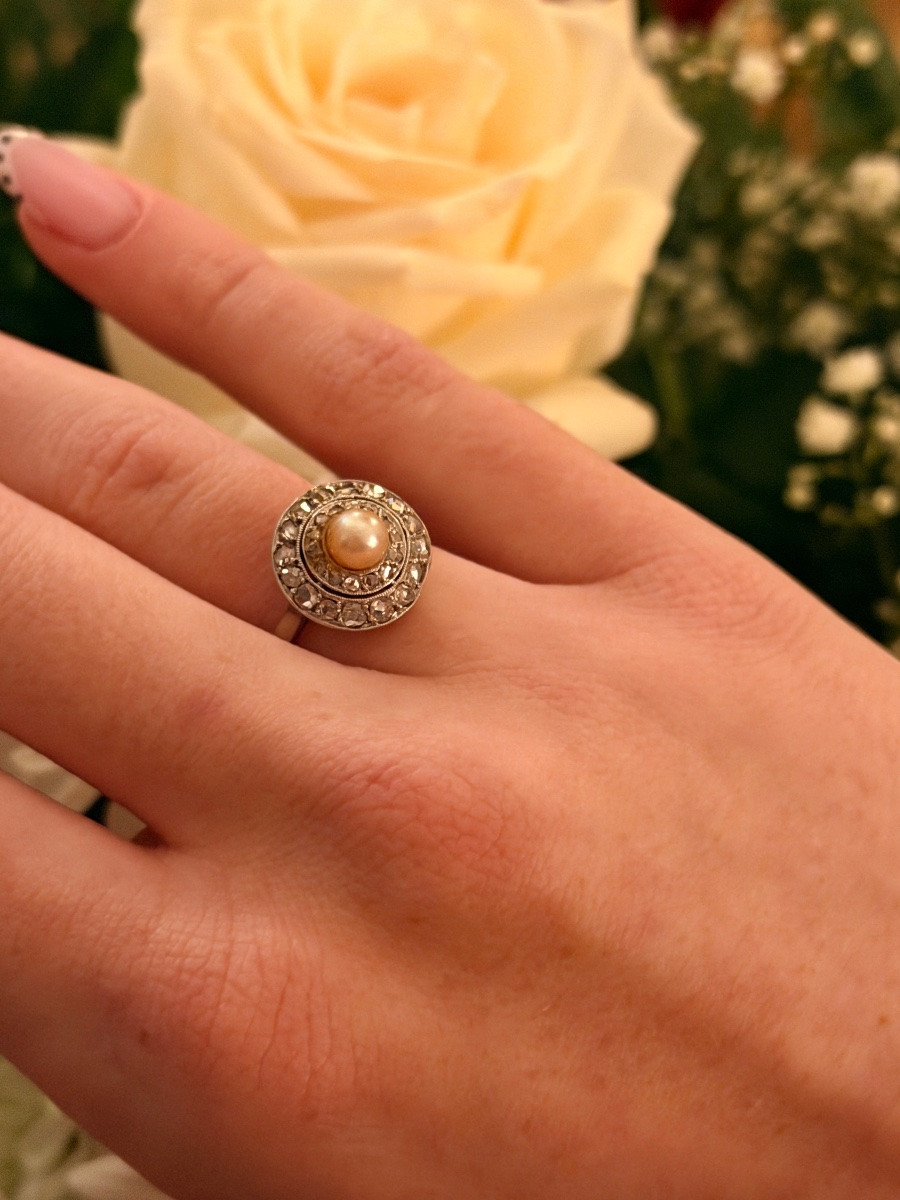 Bague Art-Déco en or, platine, perle fine et diamants-photo-4