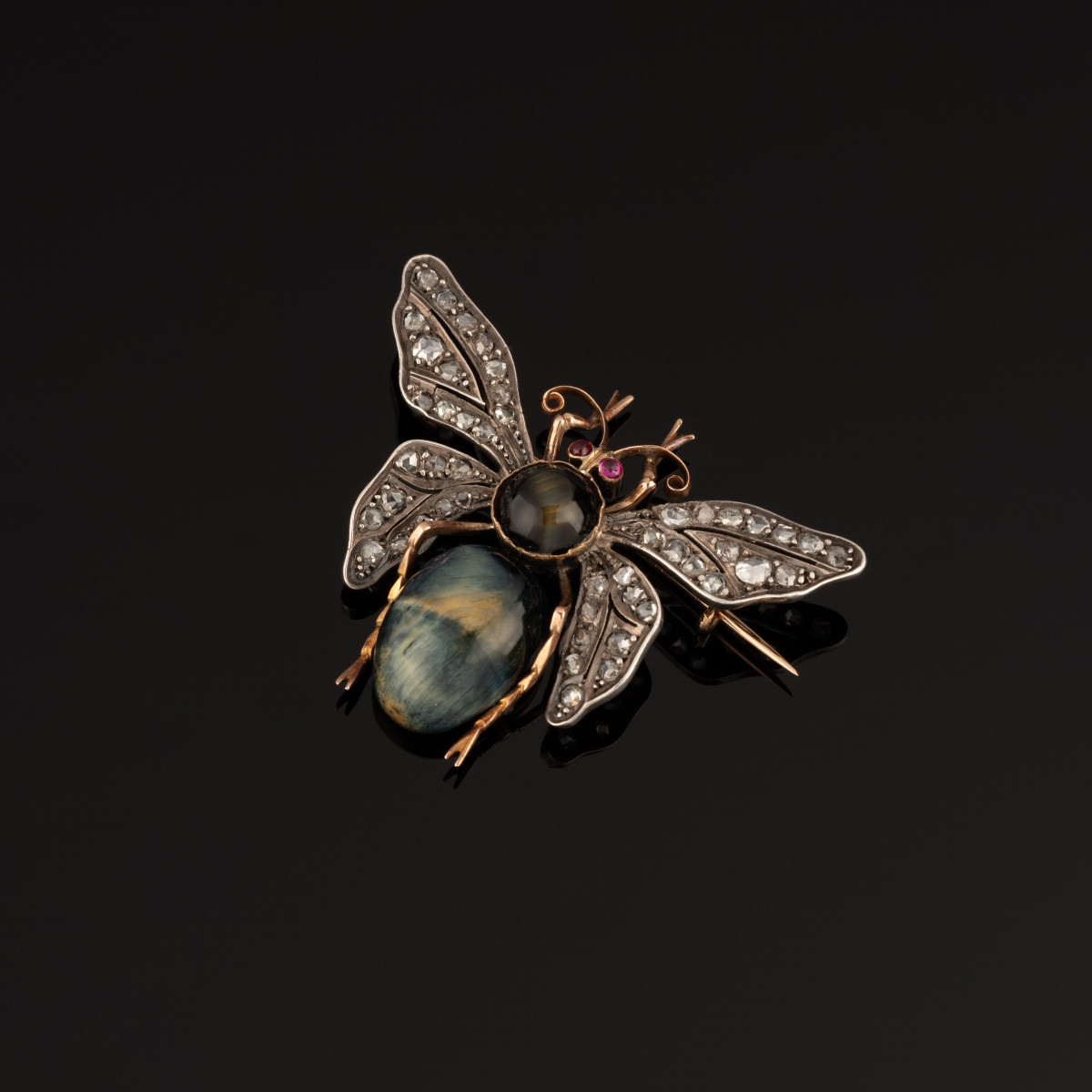 Broche Papillon en or, agate, diamants et rubis-photo-3