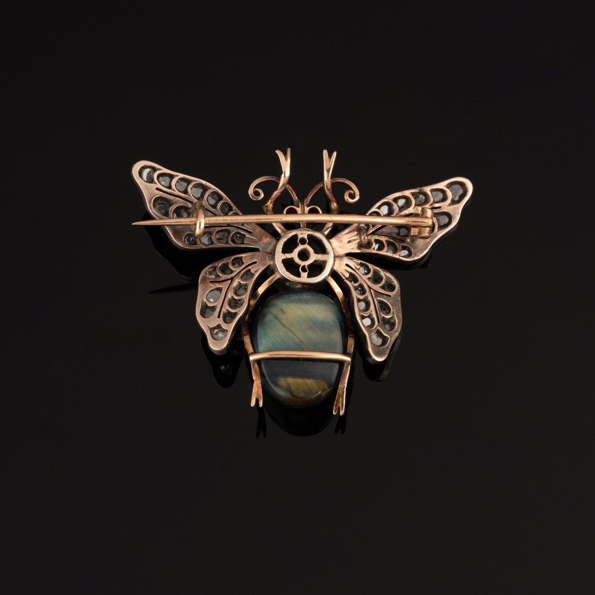 Broche Papillon en or, agate, diamants et rubis-photo-4