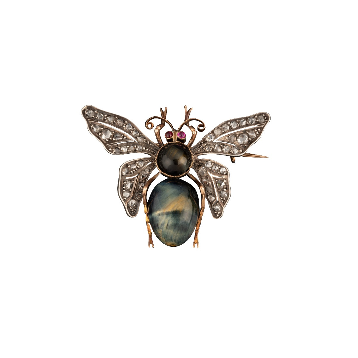 Broche Papillon en or, agate, diamants et rubis