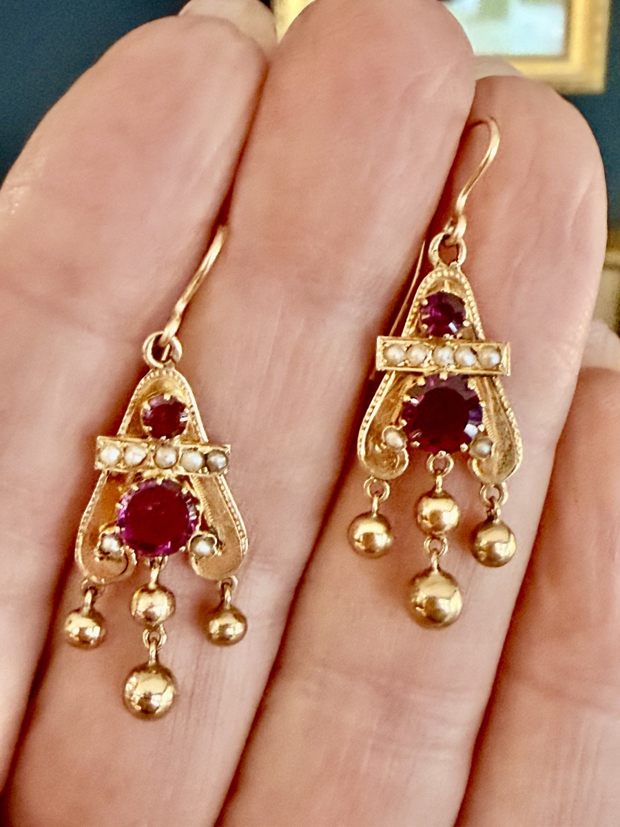 Gold, Garnet And Pearl Earrings, Napoleon III Period-photo-2