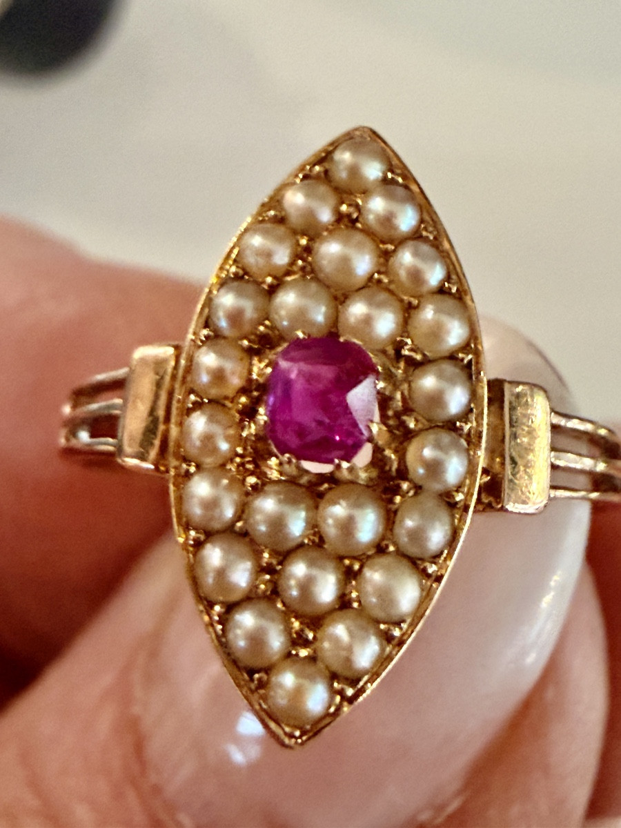 Antique Gold, Ruby And Pearl Ring