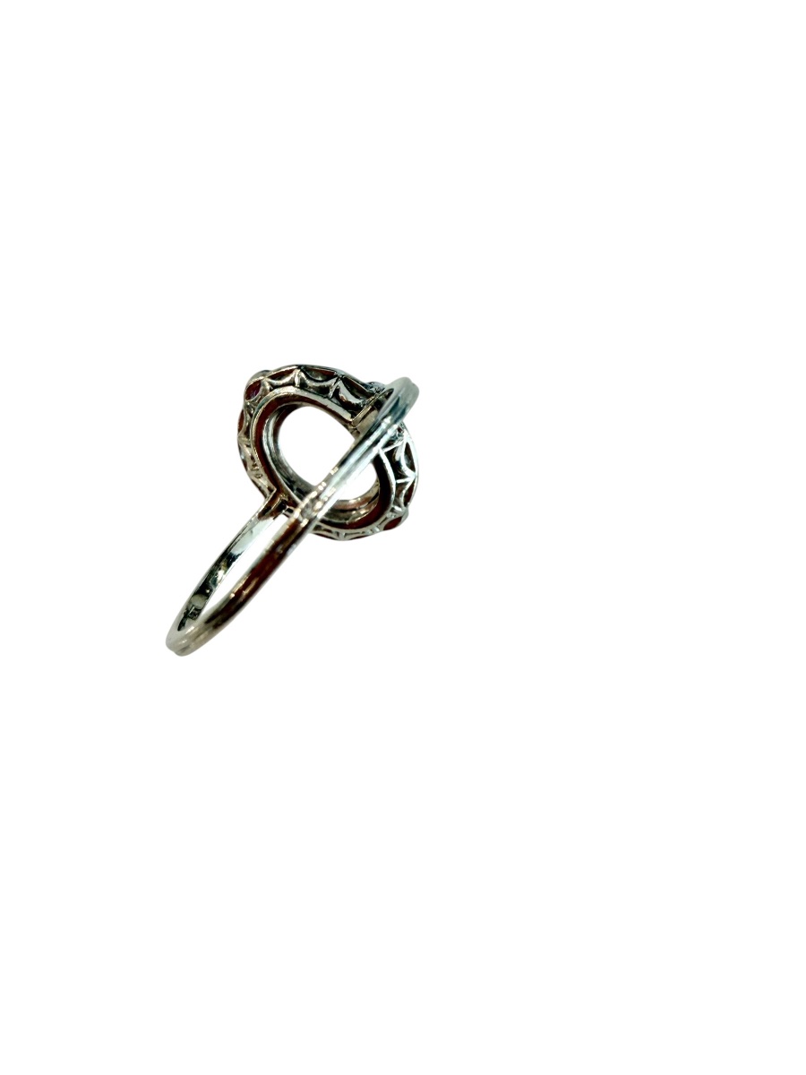 Bague platine, pierre de lune, diamants et rubis-photo-3