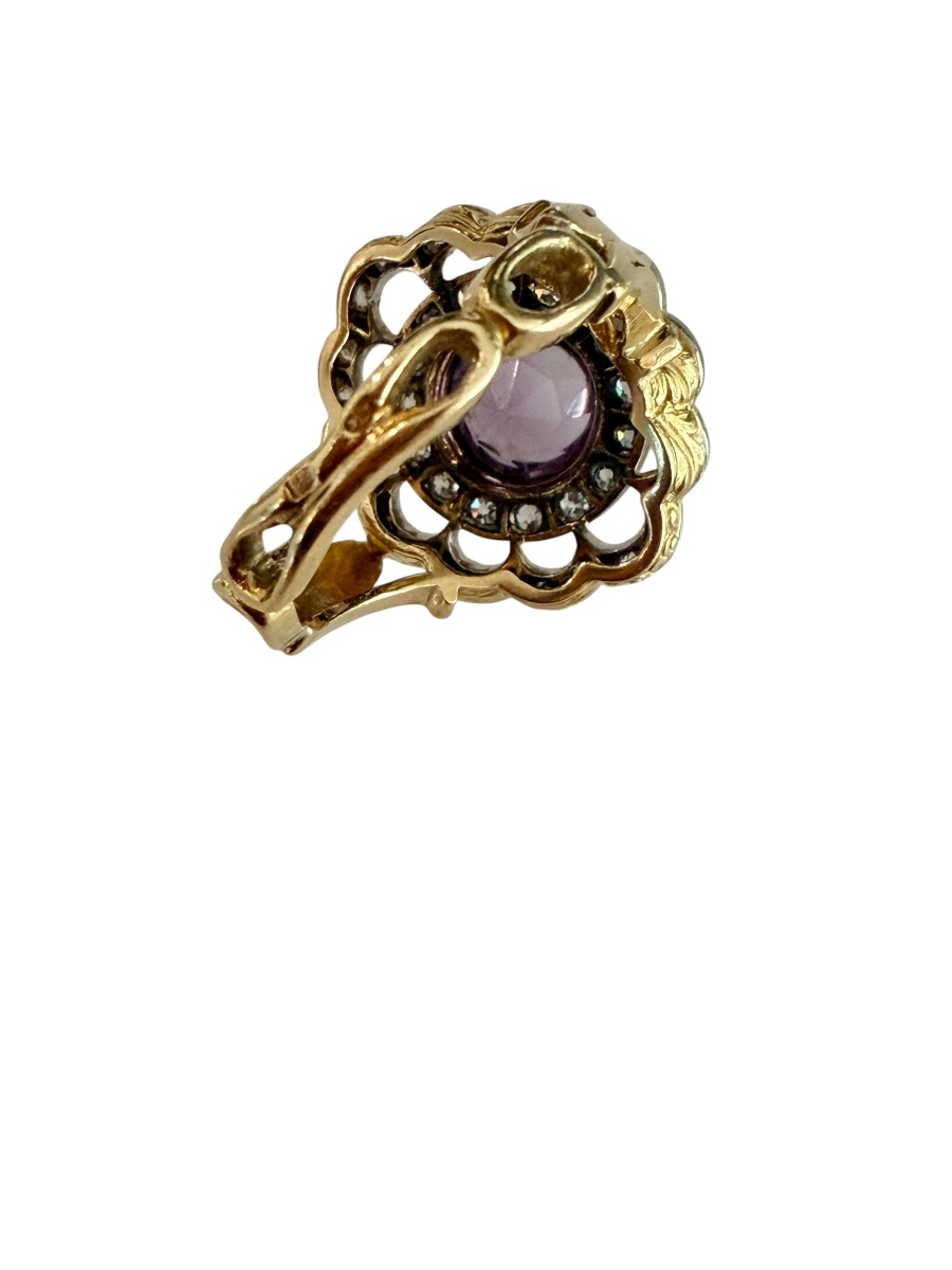 Bague  ancienne en or, platine, améthyste et diamants-photo-2