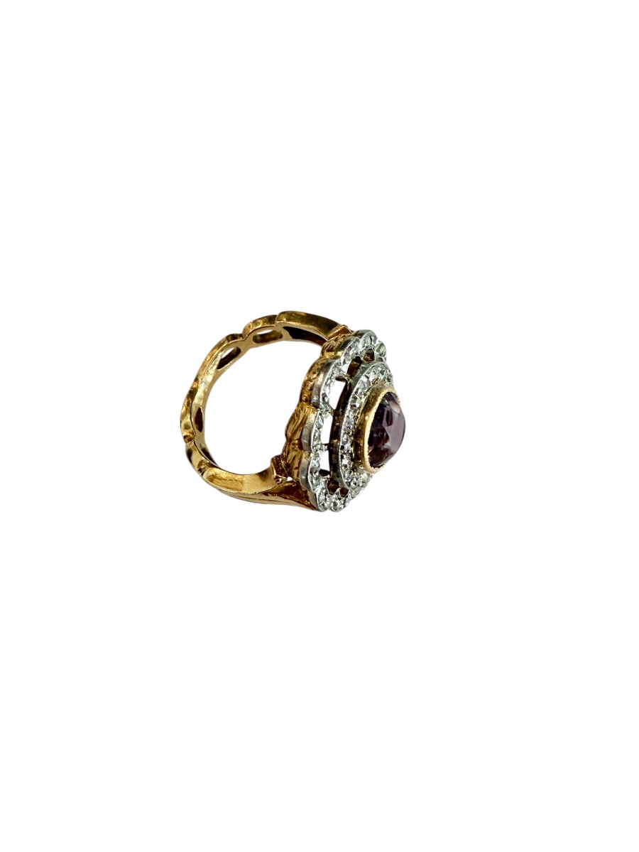 Bague  ancienne en or, platine, améthyste et diamants-photo-3