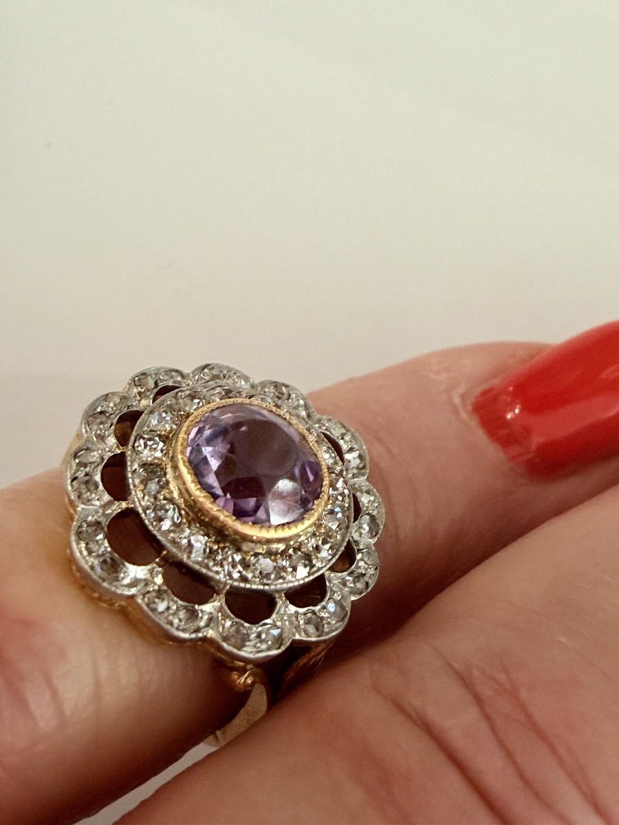 Bague  ancienne en or, platine, améthyste et diamants-photo-4