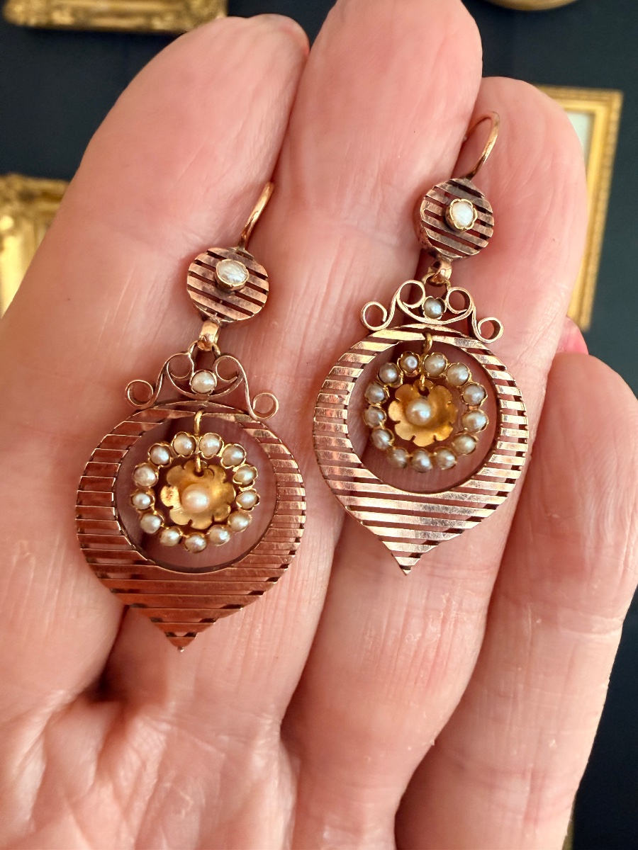 Pendants d'oreilles en or et perles fines Napoléon III-photo-2