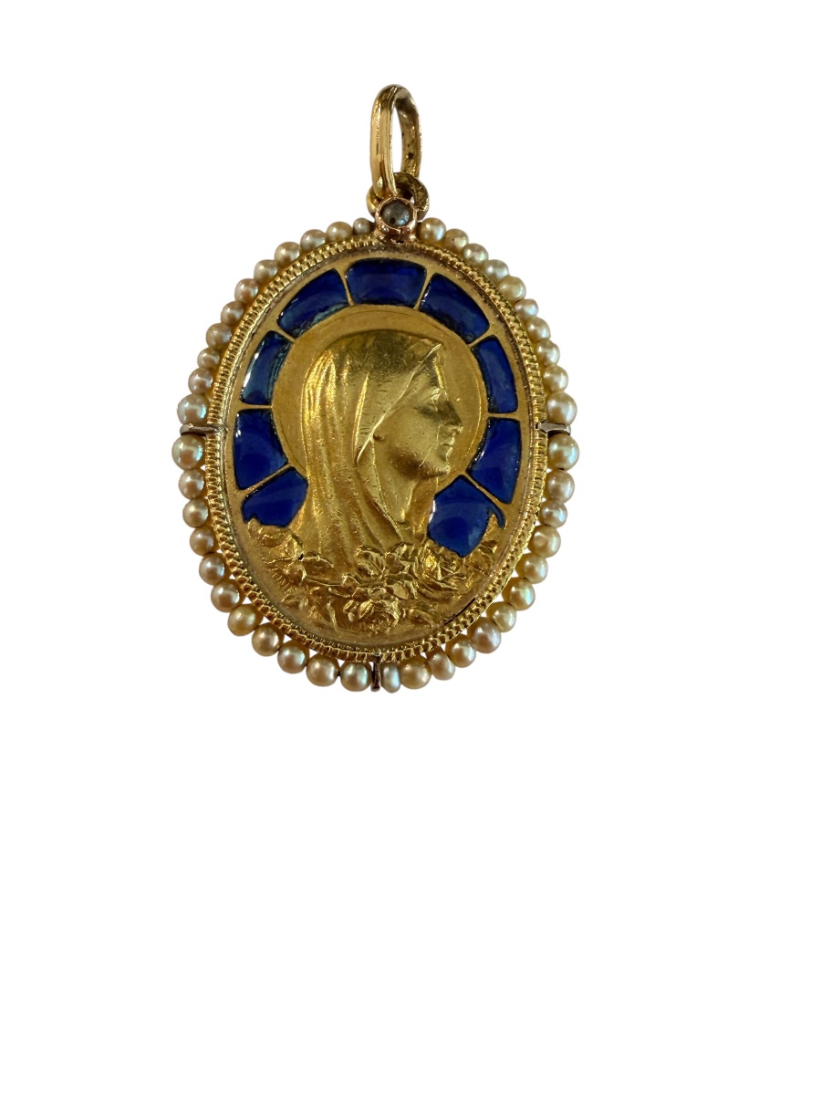 Médaille religieuse de la vierge en or, émail et perles fines-photo-2