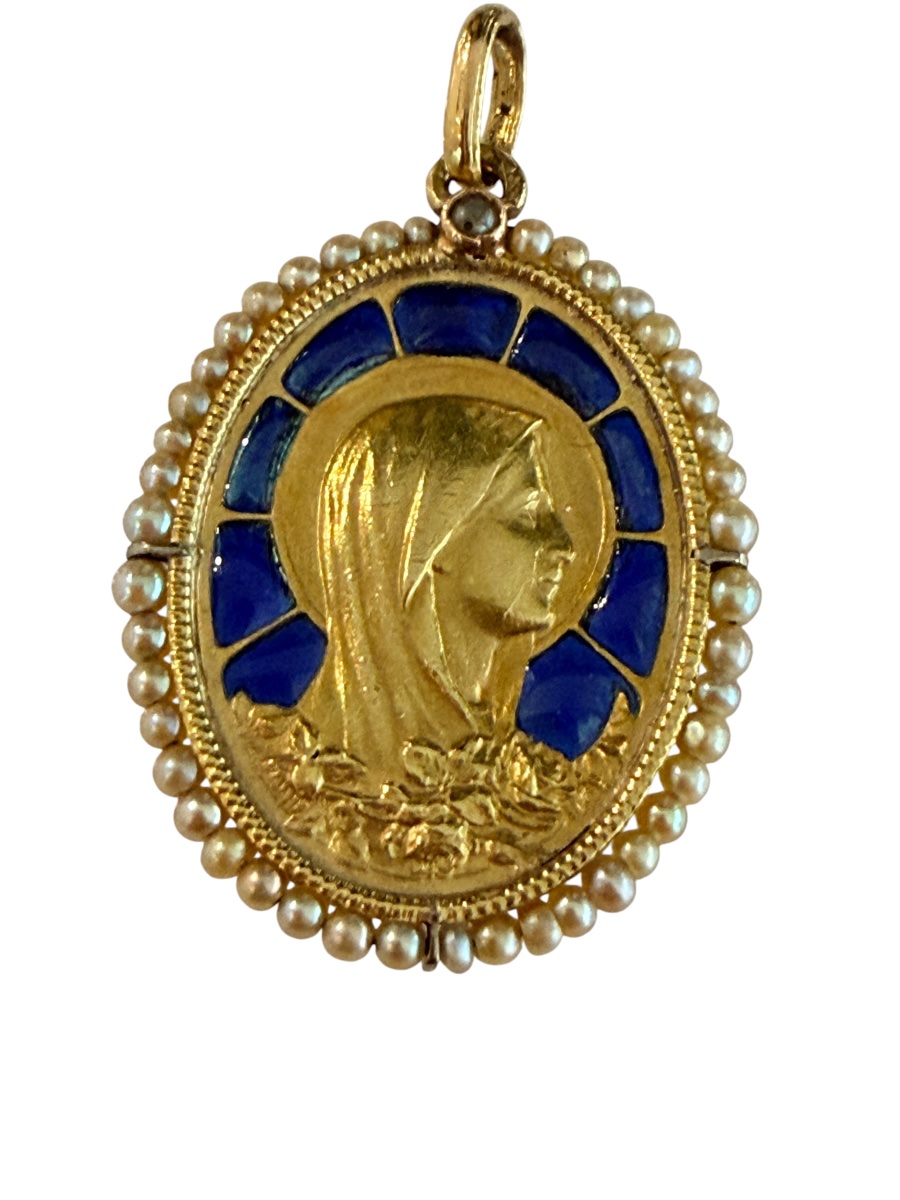 Médaille religieuse de la vierge en or, émail et perles fines