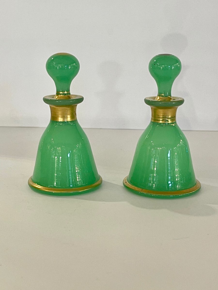 Baccarat: Pair Of Small Green Opaline Bottles