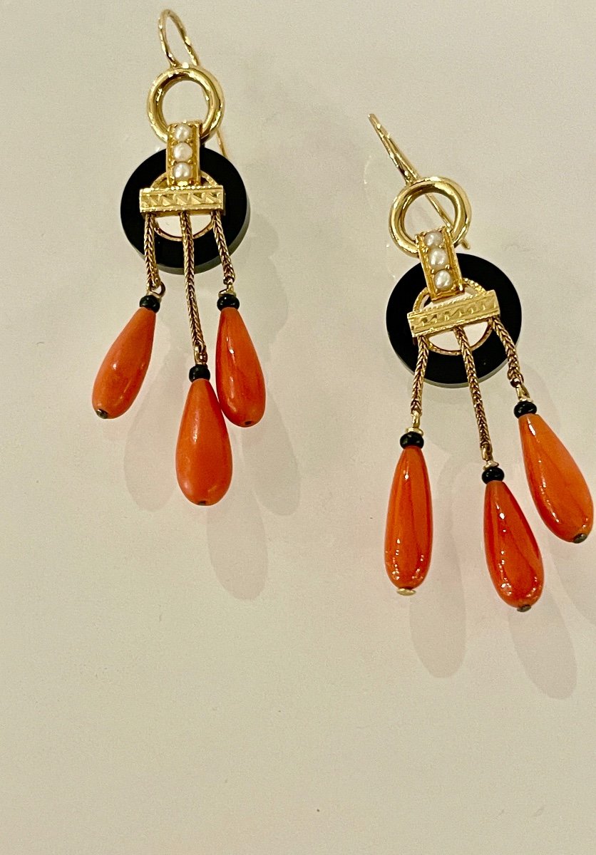 Gold, Onyx And Coral Drop Earrings-photo-3