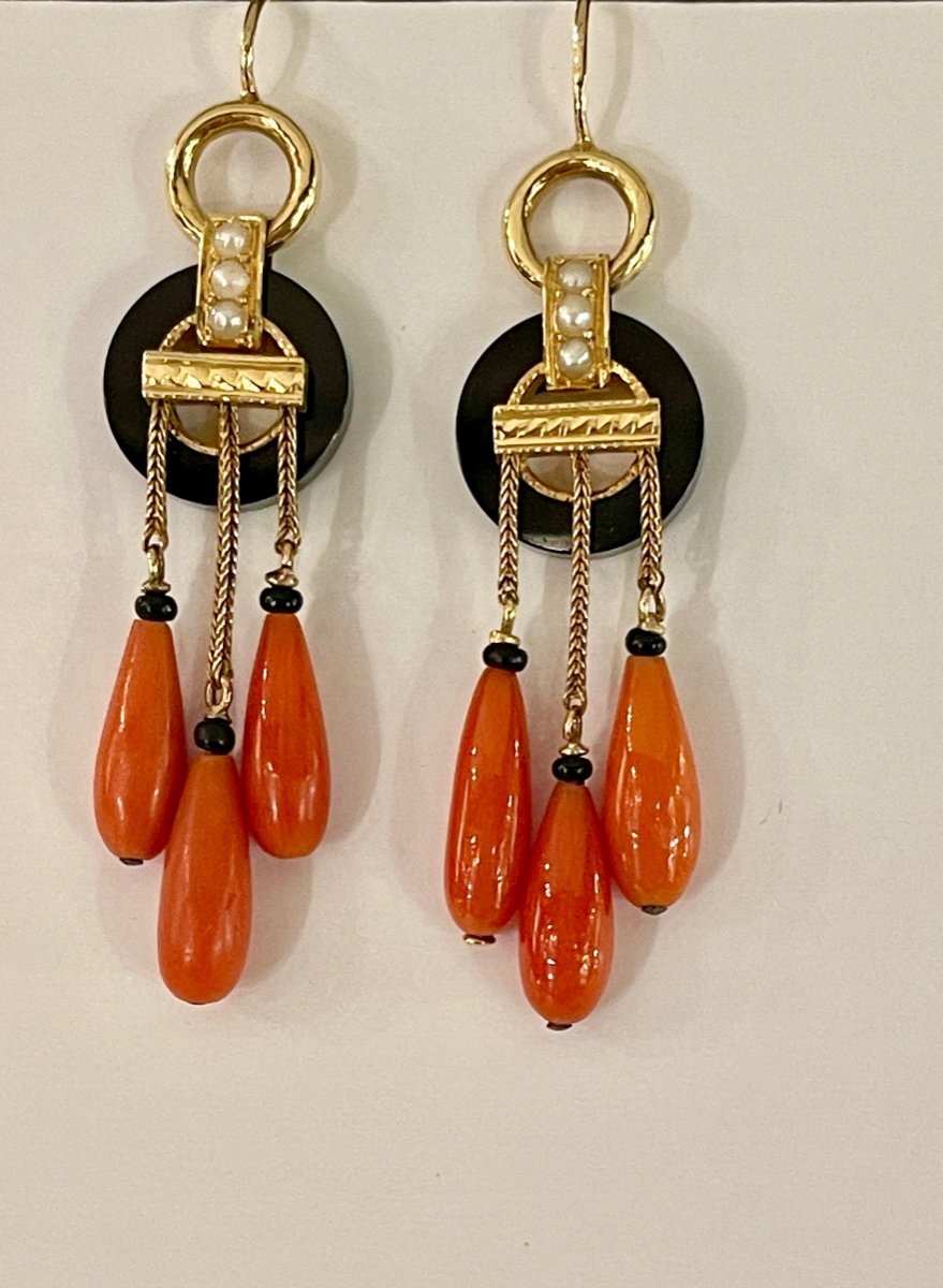 Gold, Onyx And Coral Drop Earrings