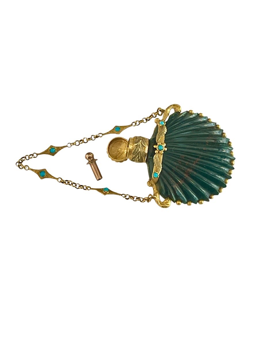 Precious Scent Bottle In Blood Jasper, Gold And Turquoises, Restoration Period-photo-4