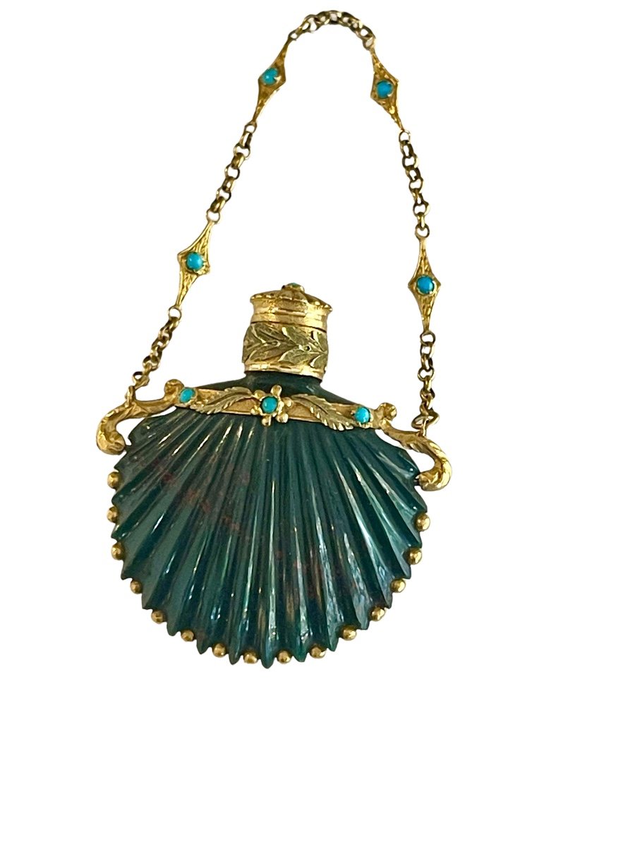 Precious Scent Bottle In Blood Jasper, Gold And Turquoises, Restoration Period