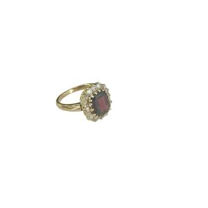 Pompadour Ring In Gold, Adorned With A Garnet And Diamonds