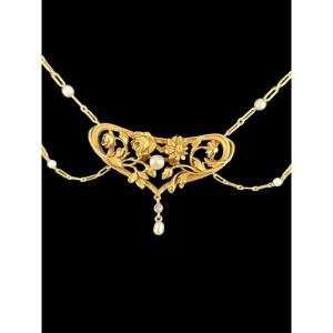 collier Art Nouveau En Or Perles Fines Et Diamant