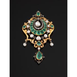 Beaumont & Companie Gold Brooch With Emeralds And Fine Pearls