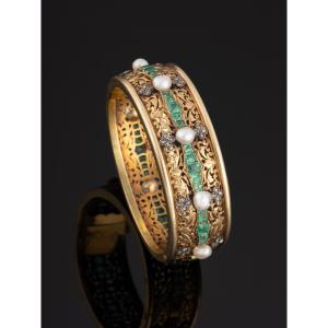 Beaumont & Cie,: Bangle Bracelet Adorned With Emeralds, Diamonds And Fine Pearls