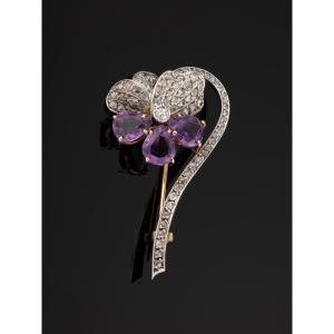 Pansy Brooch In Gold, Silver, Diamonds And Amethysts.
