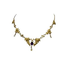 Collier Draperie Art Nouveau Orné d'Une Améthyste