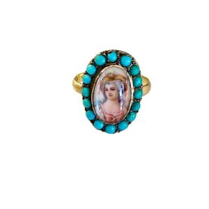 Ancienne bague, or, miniature et turquoises