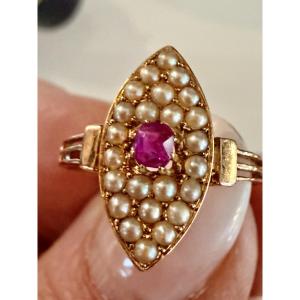Antique Gold, Ruby And Pearl Ring