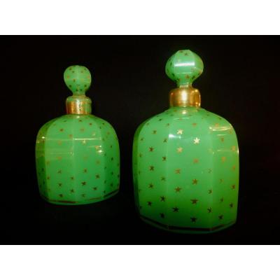 Baccarat: Pair Of Green Opaline Flasks