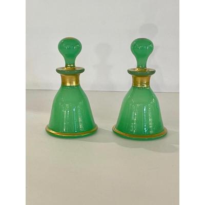 Baccarat: Pair Of Small Green Opaline Bottles