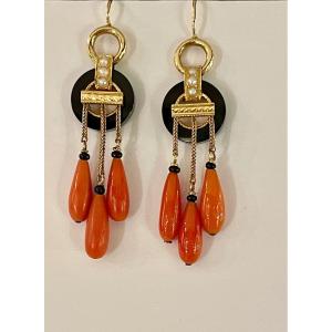 Gold, Onyx And Coral Drop Earrings