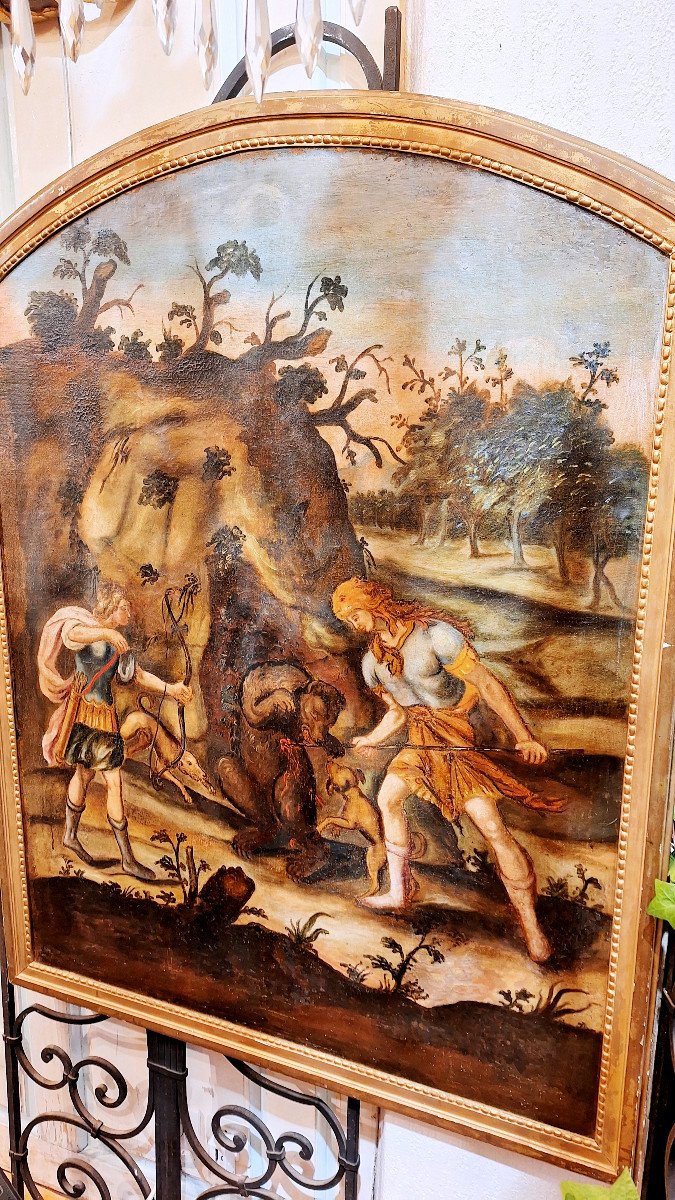 Huile sur toile XVIIIème  La chasse à l'ours