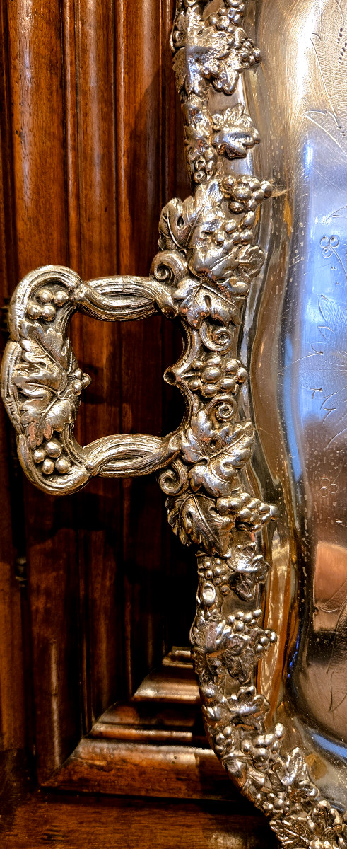 Grand plateau de réception en métal argenté sur cuivre XIXème siècle-photo-2