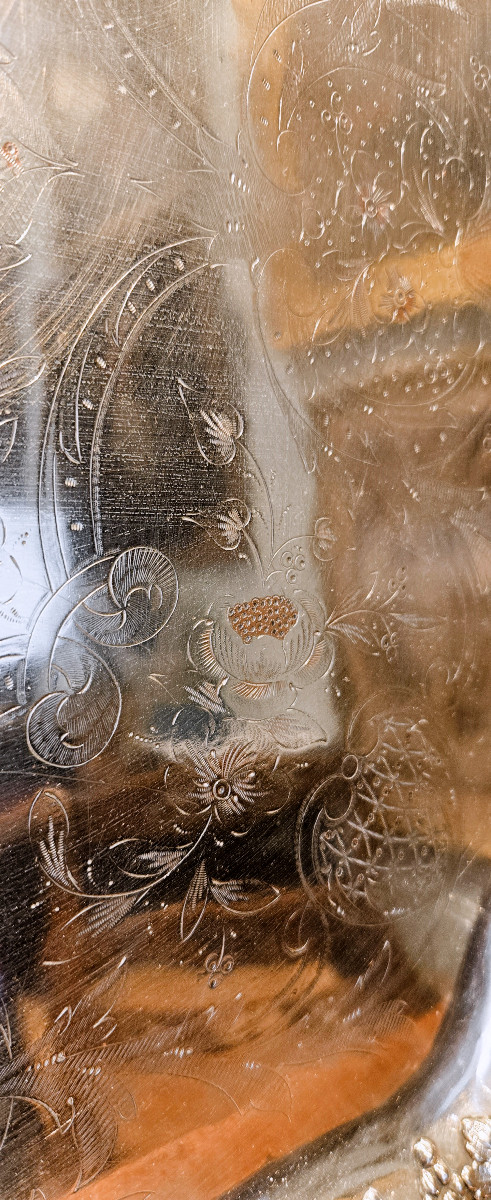 Grand plateau de réception en métal argenté sur cuivre XIXème siècle-photo-3