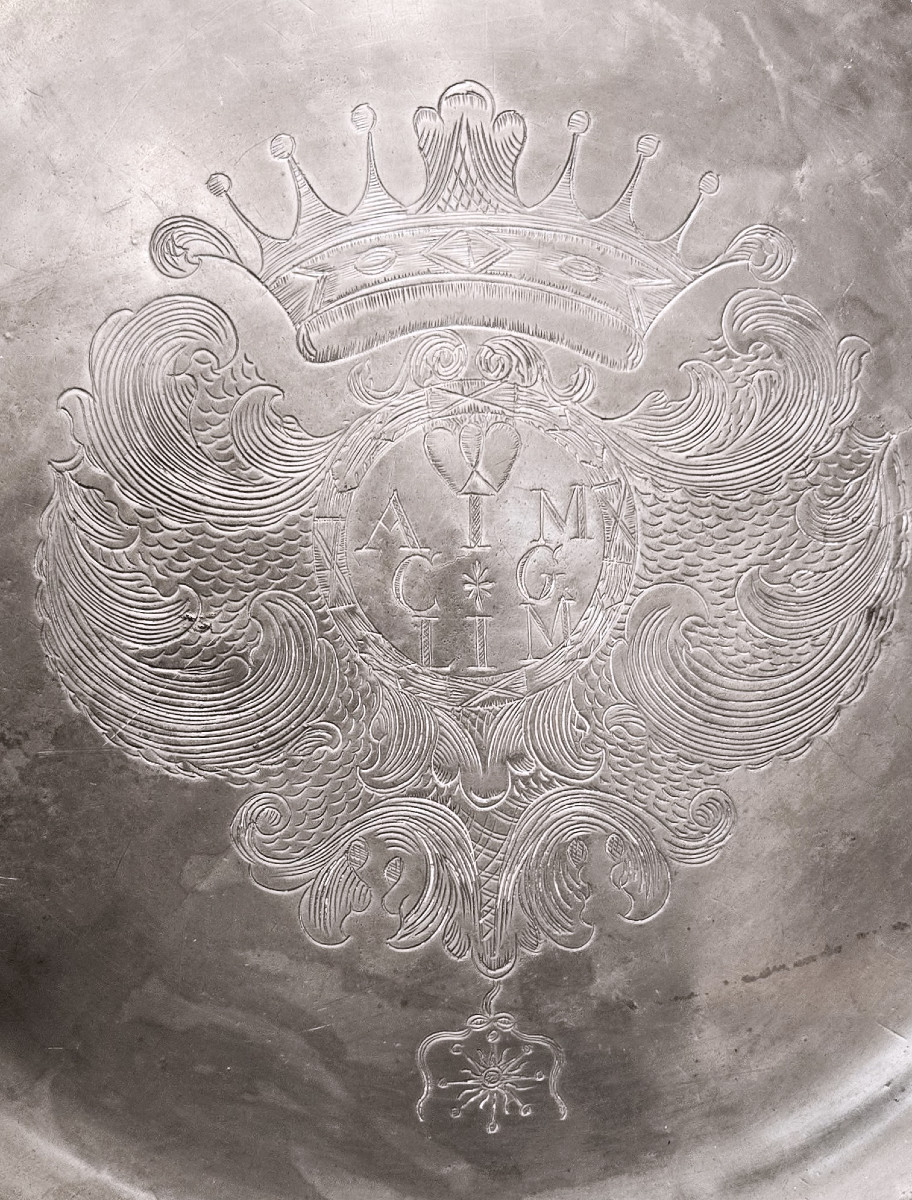 Important Ceremonial Pewter Platter With Coat Of Arms - Engraved Wedding Ring, Late 17th Century-photo-2