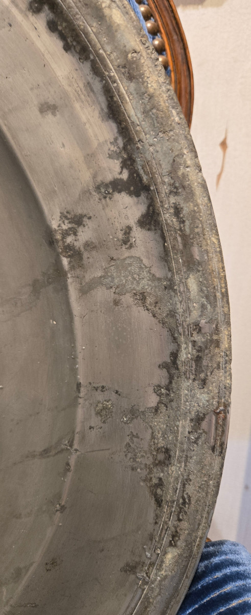 Important Ceremonial Pewter Platter With Coat Of Arms - Engraved Wedding Ring, Late 17th Century-photo-4