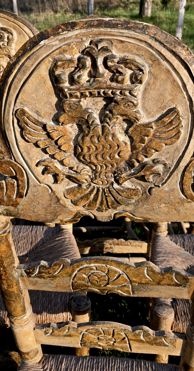 suite de 6 grandes chaises tyroliennes à l'aigle impérial des Hasbourg, polychromie d'origine.-photo-4