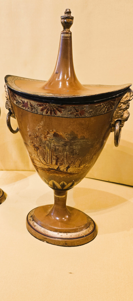 paire de vases en tôle peinte à décor de ruines antiques début XIXème-photo-3