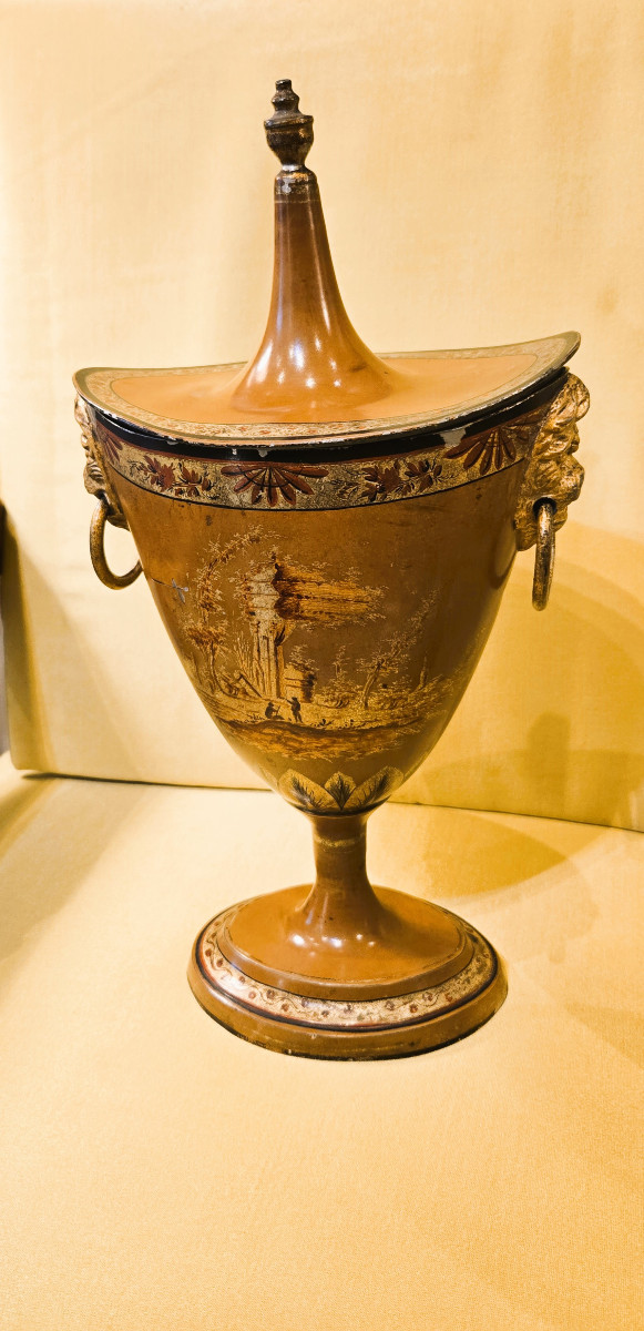 paire de vases en tôle peinte à décor de ruines antiques début XIXème-photo-5