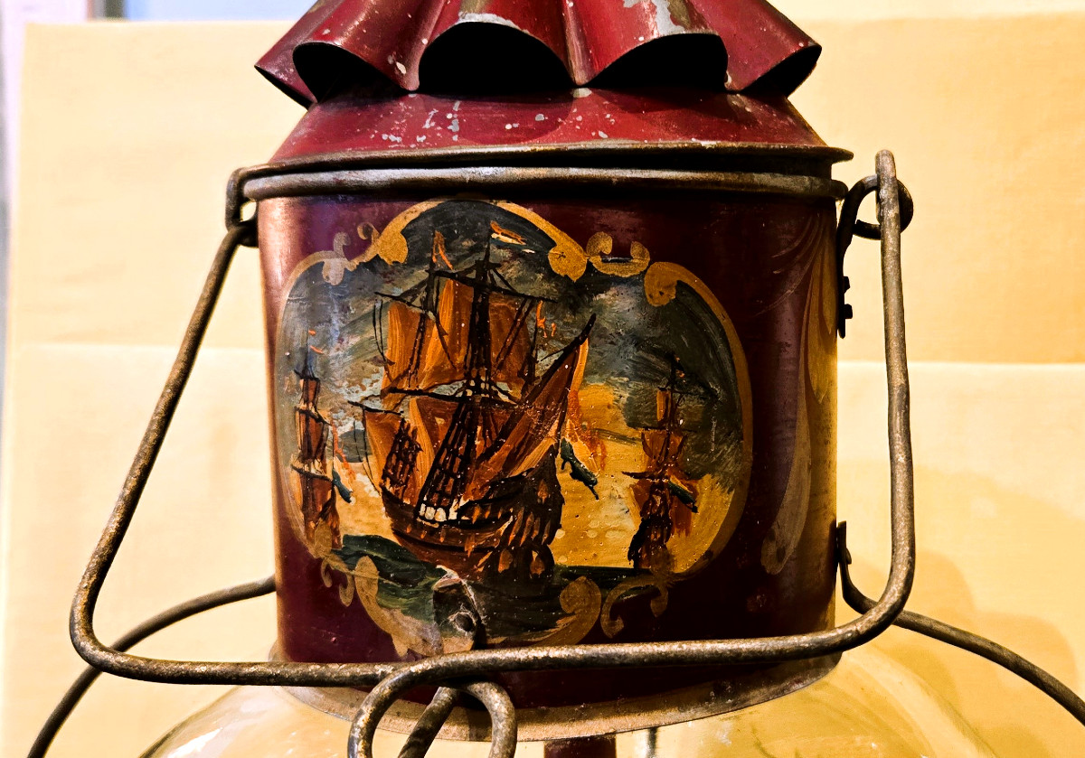 Late 19th Century Painted Sheet Metal Boat Lantern Decorated With Sailboats-photo-2