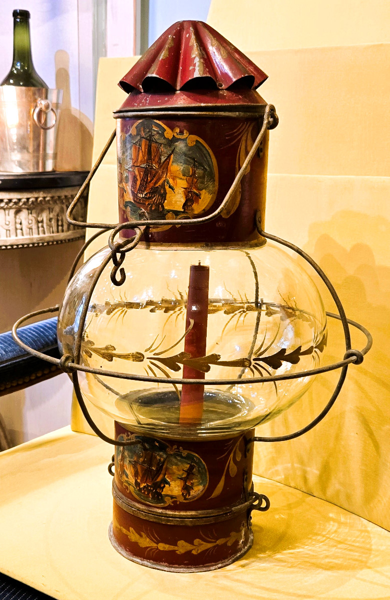 Late 19th Century Painted Sheet Metal Boat Lantern Decorated With Sailboats-photo-1