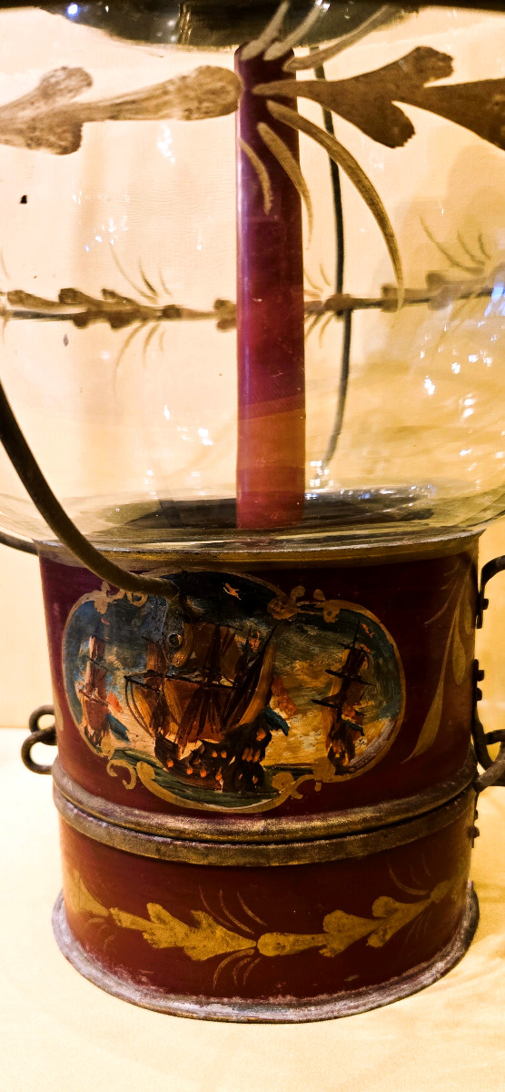Late 19th Century Painted Sheet Metal Boat Lantern Decorated With Sailboats-photo-2