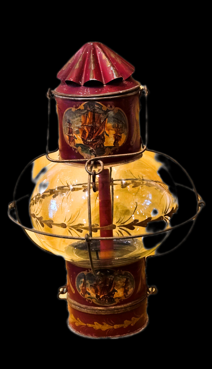 Late 19th Century Painted Sheet Metal Boat Lantern Decorated With Sailboats-photo-3