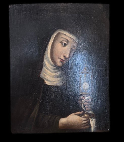 17th-century Oil On Wood: St. Clare Of Assisi-photo-1