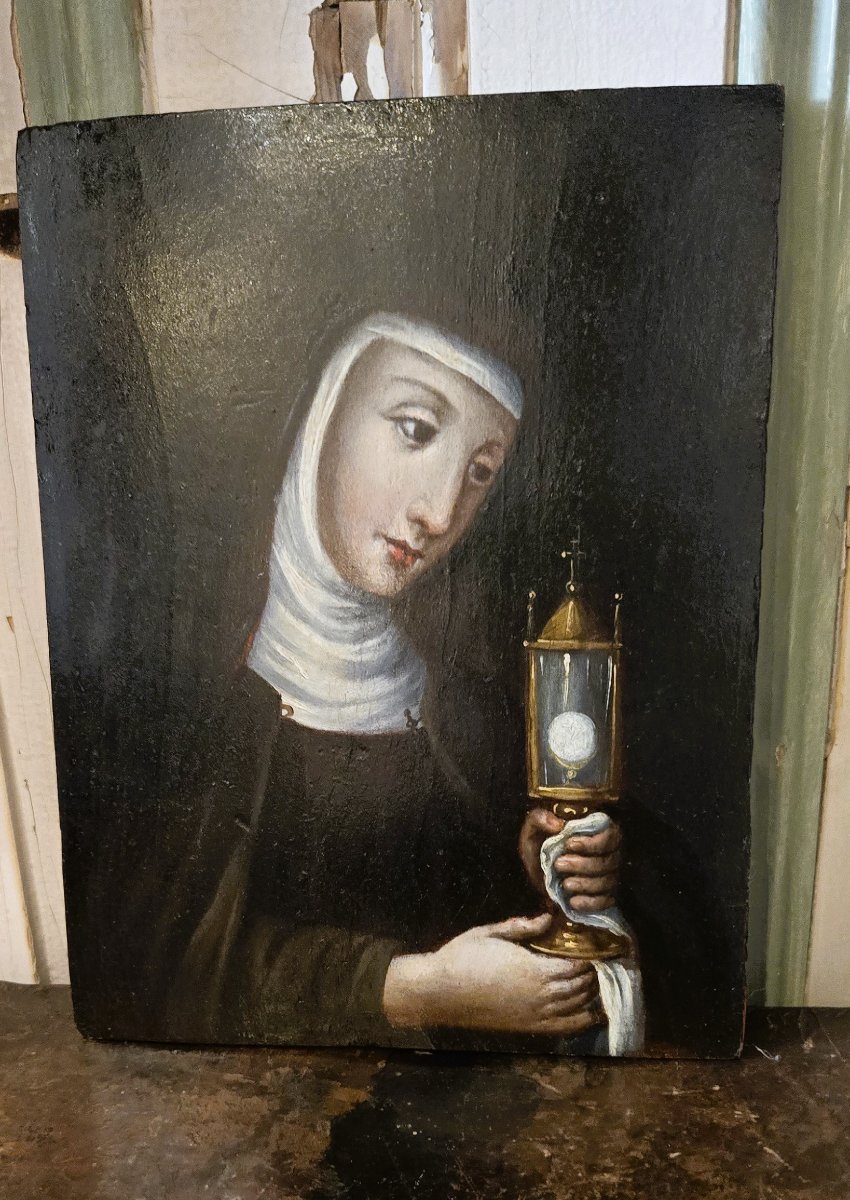 17th-century Oil On Wood: St. Clare Of Assisi